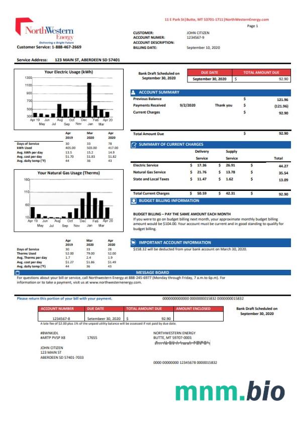 USA NorthWestern Energy rachunek za media szablon w formacie Word i PDF, Wersja 2